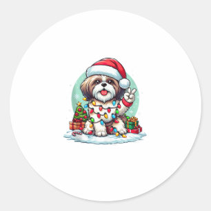 Funny Peace Hand Shih Tzu Christmas Lights Womens Classic Round Sticker