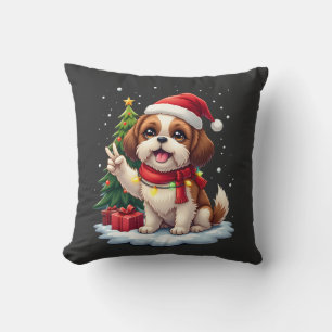 Funny Peace Hand Shih Tzu Christmas Lights Womens Cushion