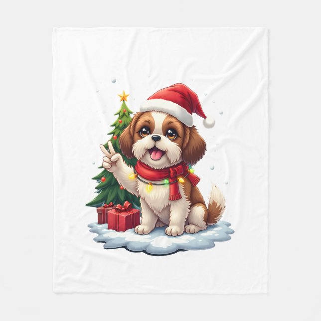 Funny Peace Hand Shih Tzu Christmas Lights Womens  Fleece Blanket (Front)
