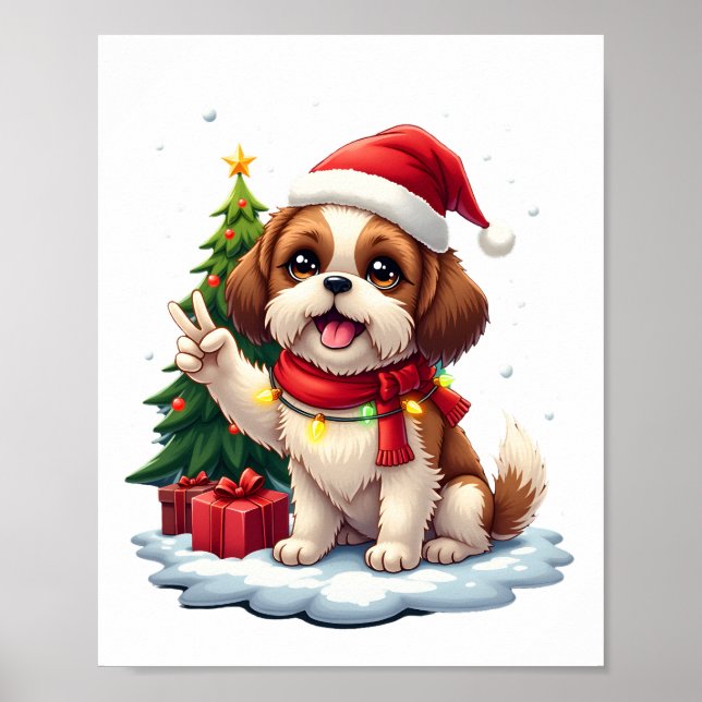 Funny Peace Hand Shih Tzu Christmas Lights Womens  Poster (Front)