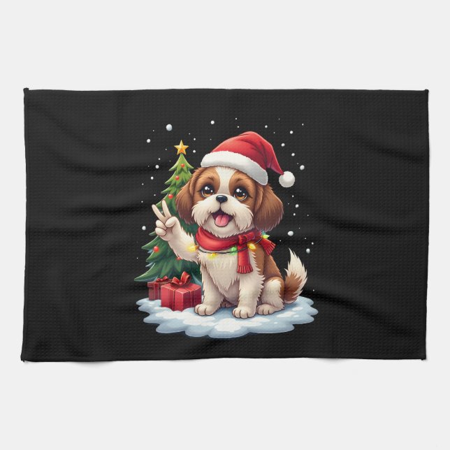 Funny Peace Hand Shih Tzu Christmas Lights Womens  Tea Towel (Horizontal)