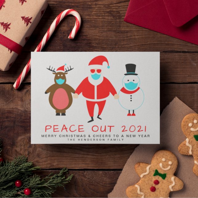 Funny Peace Out 2021 Santa Face Mask Christmas Holiday Card (Creator Uploaded)