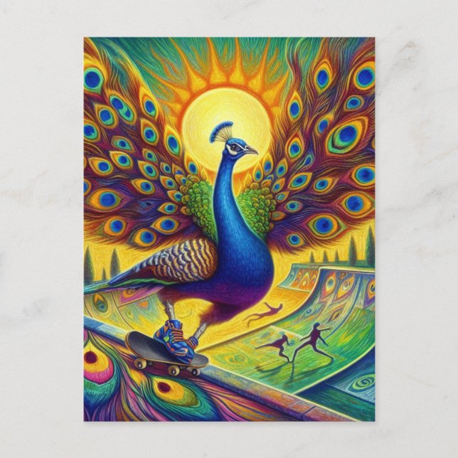 Funny Peacock Skateboarding Postcard (Front)