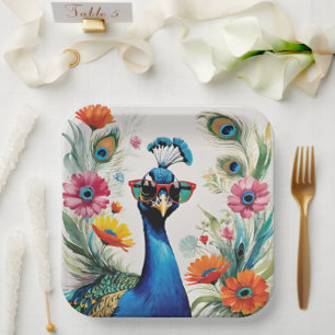 Funny Peacock Wearing Sunglasses Floral Paper Plate