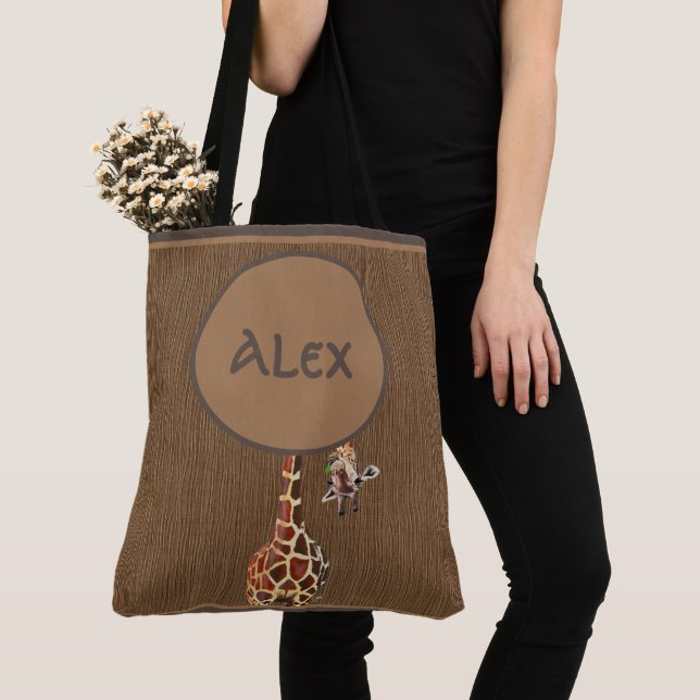 Funny Peeking Giraffe Monogram Tote Bag (Close Up)