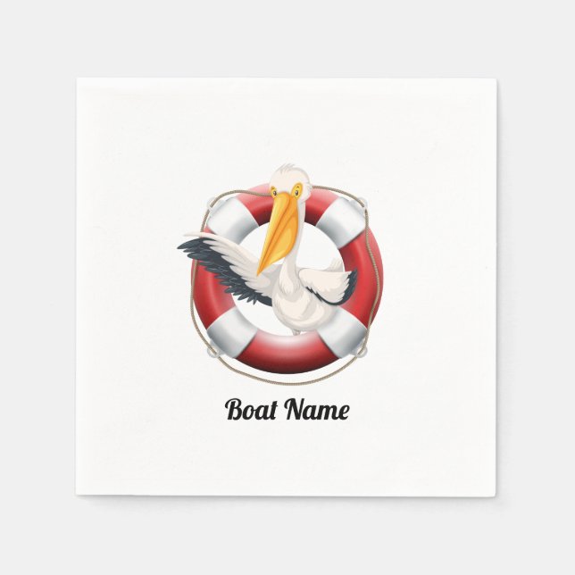 Funny Pelican in Life Buoy with Your Boat Name Napkin (Front)