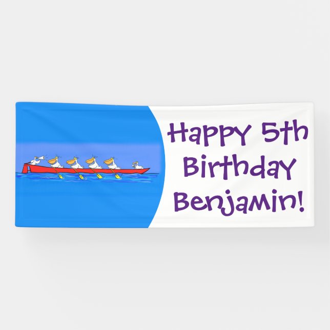 Funny pelican rowing team cartoon illustration banner (Horizontal)