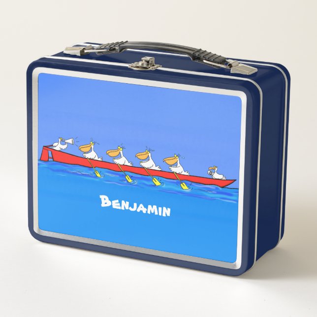 Funny pelican rowing team cartoon illustration metal lunch box (Front)