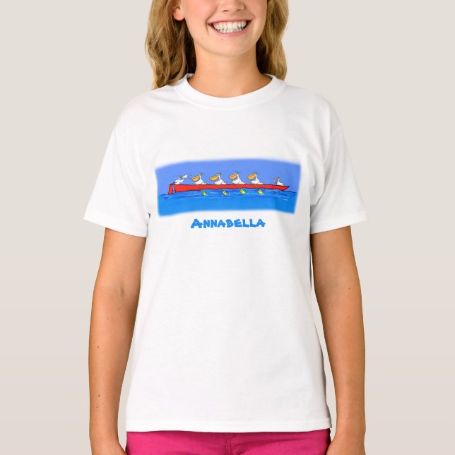 Funny pelican rowing team cartoon illustration T-Shirt (Front)