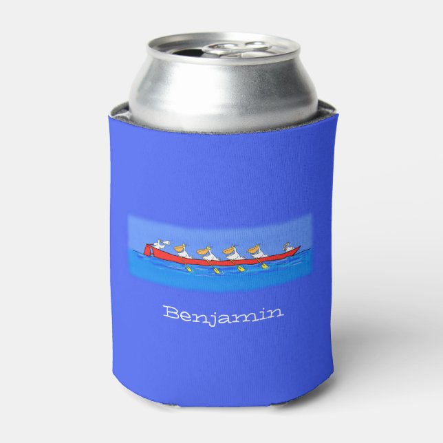 Funny pelicans rowing cartoon illustration can cooler (Can Front)