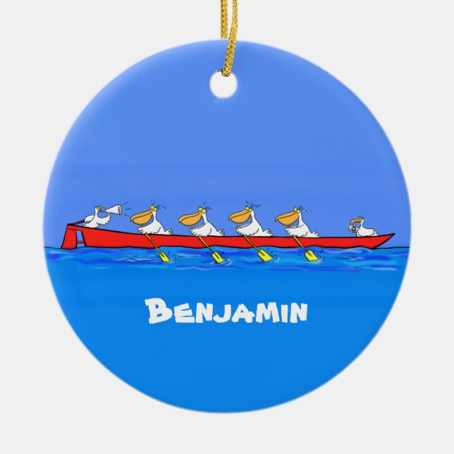 Funny pelicans rowing cartoon illustration ceramic ornament (Front)