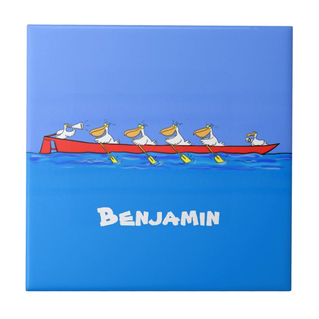 Funny pelicans rowing cartoon illustration ceramic tile (Front)
