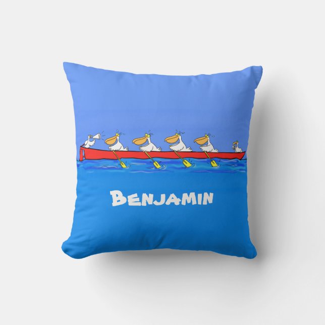 Funny pelicans rowing cartoon illustration cushion (Front)