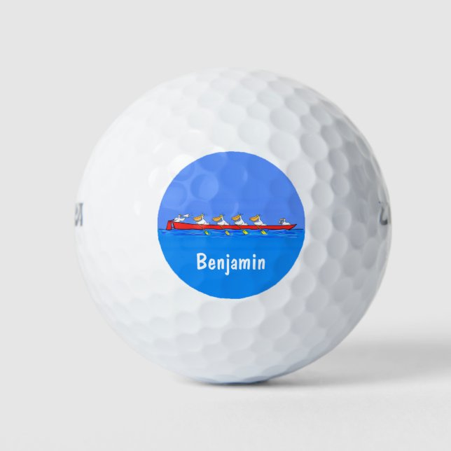 Funny pelicans rowing cartoon illustration golf balls (Front)