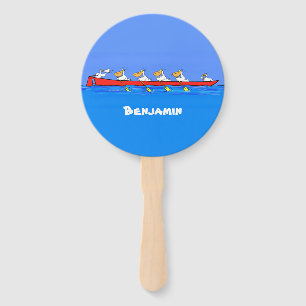 Funny pelicans rowing cartoon illustration  hand fan