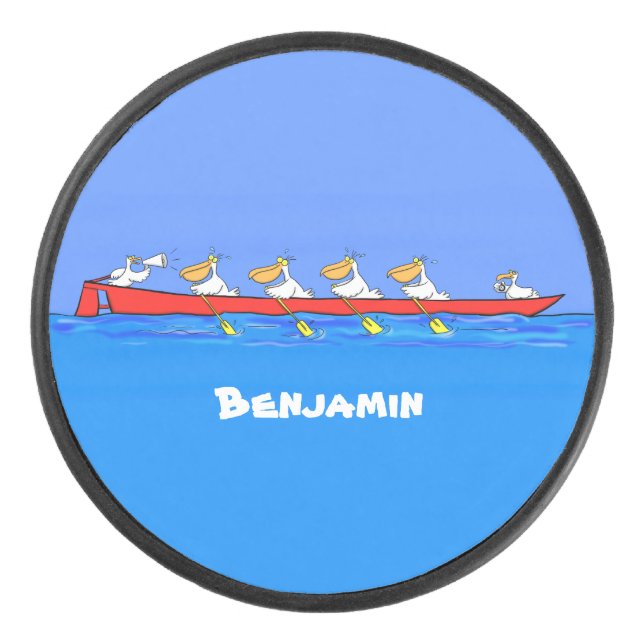 Funny pelicans rowing cartoon illustration hockey puck (Front)