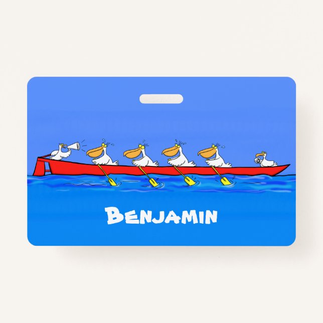 Funny pelicans rowing cartoon illustration ID badge (Front)