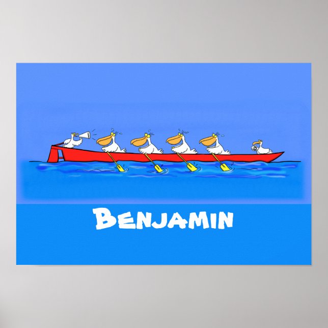 Funny pelicans rowing cartoon illustration poster (Front)