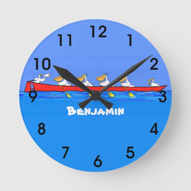 Funny pelicans rowing cartoon illustration round clock (Front)