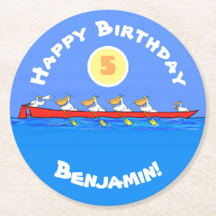 Funny pelicans rowing cartoon illustration round paper coaster