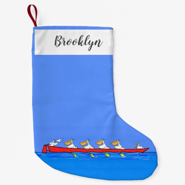 Funny pelicans rowing cartoon illustration small christmas stocking (Front)