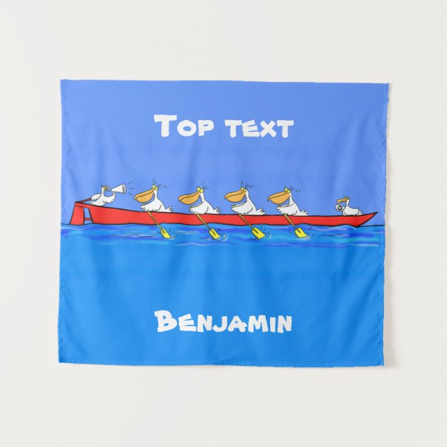 Funny pelicans rowing cartoon illustration tapestry (Front (Horizontal))