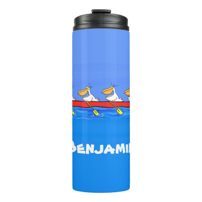 Funny pelicans rowing cartoon illustration thermal tumbler (Front)