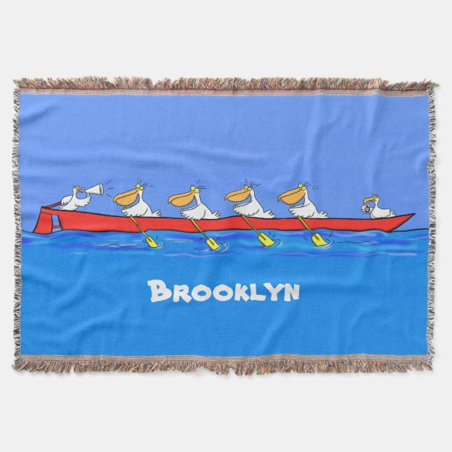 Funny pelicans rowing cartoon illustration throw blanket (Front)
