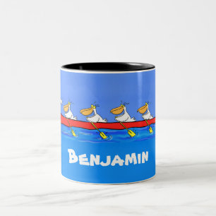 Funny pelicans rowing cartoon illustration Two-Tone coffee mug