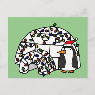 Funny Penguin and Christmas Igloo Holiday Postcard