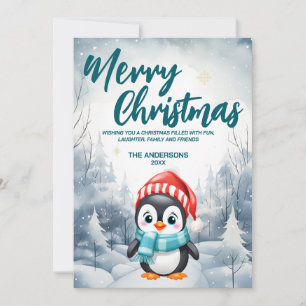 Funny Penguin bird Merry Xmas tree snow Holiday pa Card