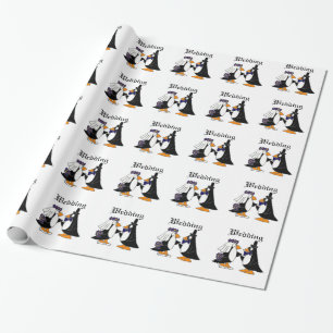 Funny Penguin Bride and Groom Wedding Cartoon Wrapping Paper