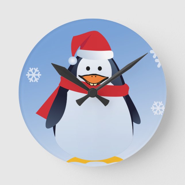 Funny Penguin Christmas Santa Claus Snowflakes Round Clock (Front)