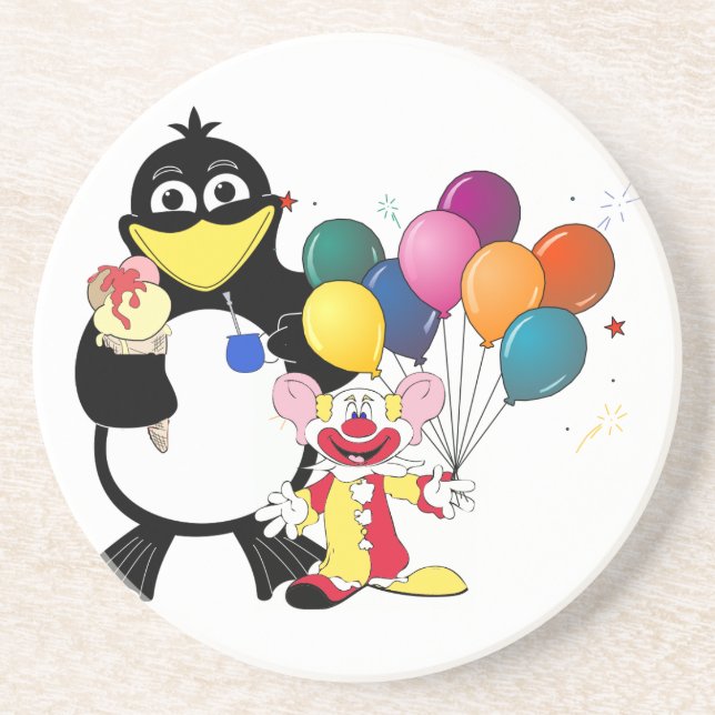 Funny penguin & clown cartoon coaster (Front)