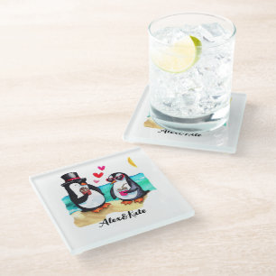 Funny Penguin Couple, Animals in Love Glass Coaster