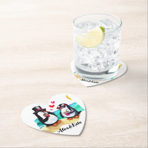 Funny Penguin Couple, Animals in Love Paper Coaster