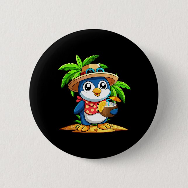 Funny Penguin Drinking Coco Hawaiian Summer 6 Cm Round Badge (Front)