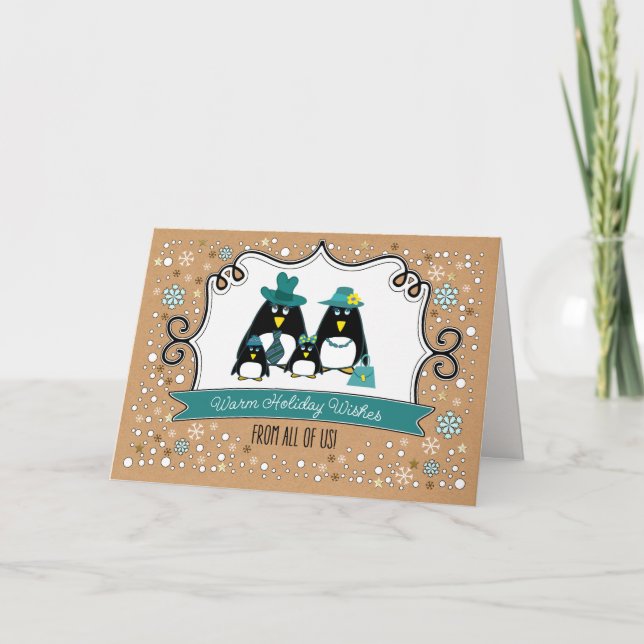 Funny Penguin Family of 4 Custom Christmas Cards (Front)