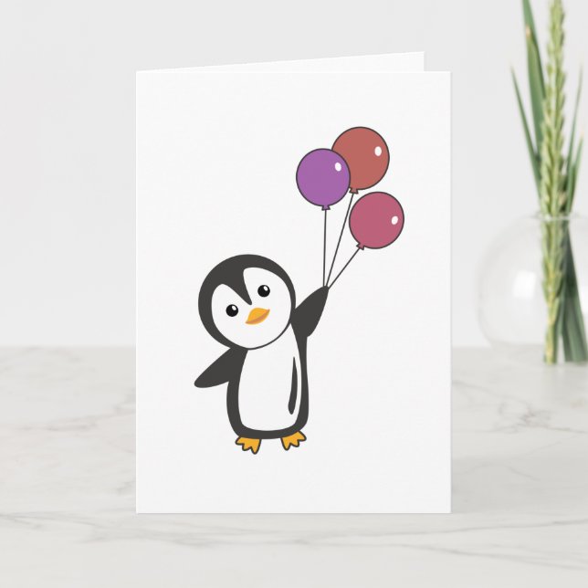 Funny Penguin Flies Up With Balloons Card (Front)