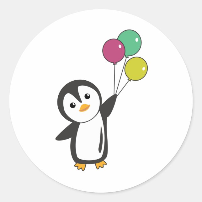 Funny Penguin Flies Up With Balloons Classic Round Sticker (Front)