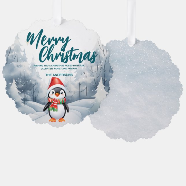 Funny Penguin Merry Xmas tree snow Holiday  Decoration Card (Front/Back)
