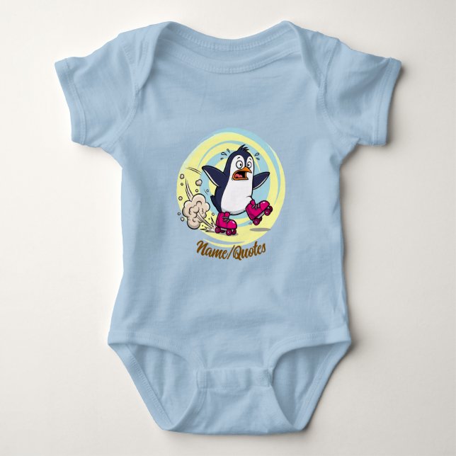 Funny Penguin on Roller Skates Baby Bodysuit (Front)