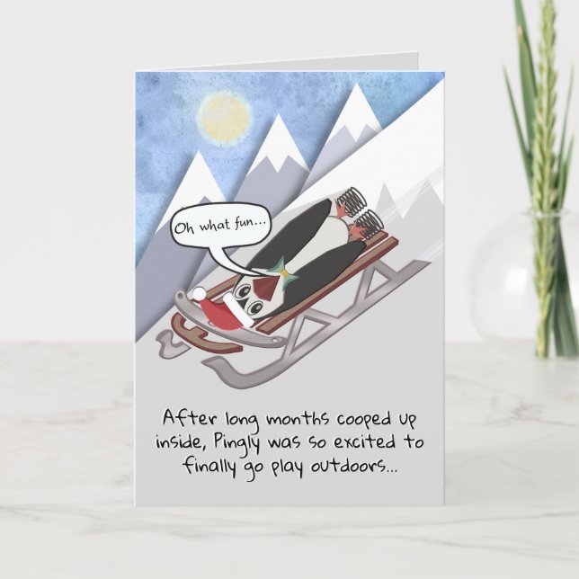 Funny Penguin on Sled Personalised Holiday Card (Front)