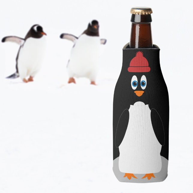 Funny Penguin Personalised Black Cute Cartoon Bird Bottle Cooler (🐧  Meet Bobble the Penguin. He'd love to come and live with you 🐧 )