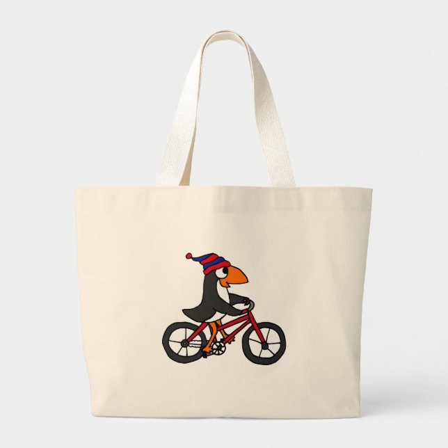 Funny Penguin Riding Red Bicycle Large Tote Bag (Front)