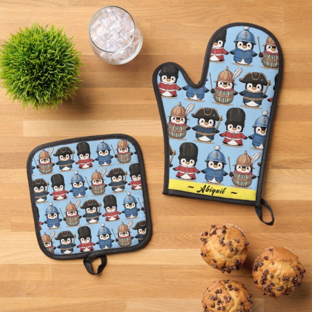 Funny Penguin Royal Guard (Personalised) Oven Mitt & Pot Holder Set (Top Down)