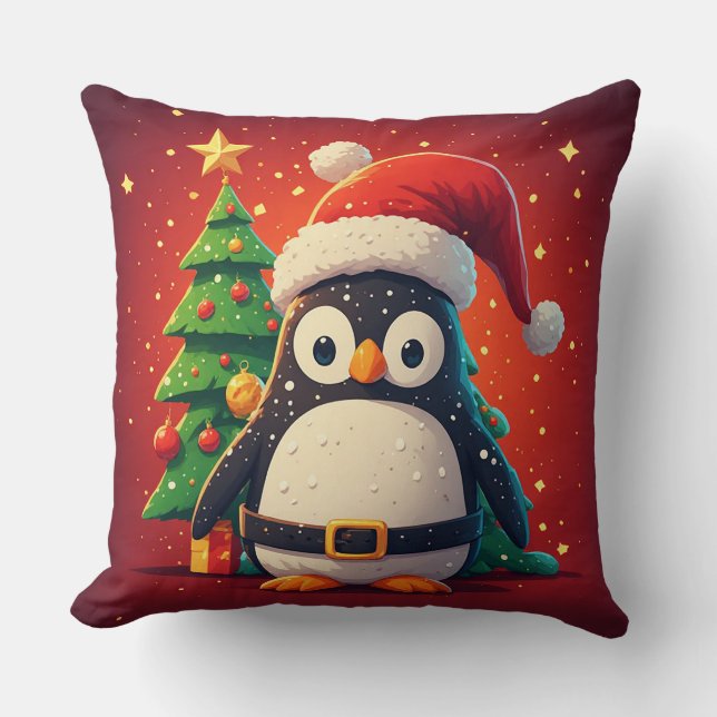 🐧 Funny Penguin Santa Christmas Lights Theme 🎄 Cushion (Front)