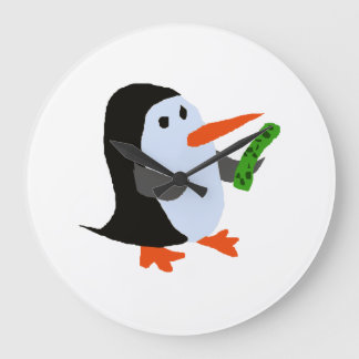 Funny Penguin with a Pickle Shirt Large Clock