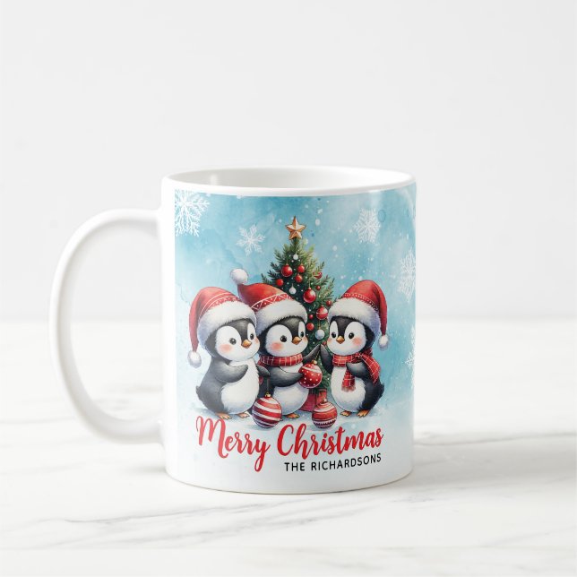 Funny Penguins Blue and Red Merry Christmas Coffee Mug (Left)
