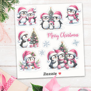 Funny Penguins in Pink Merry Christmas